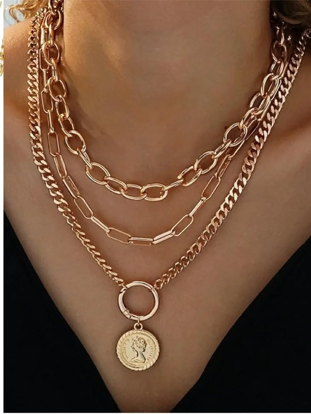 New 24k Gold Plated Layered Coin Pendant Necklace